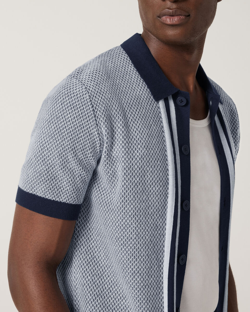 Panelled Short Sleeve Button Up Knit, Navy, hi-res